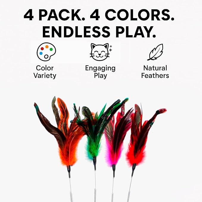 Paws Power Cat Wand Toy Feather Sticks - Interactive Wands Toy Set with Feathers, Durable Spring Design - Perfect for Engaging Playtime Fun for Kittens and Cats - Cat Toys for Indoor Cats (4 Pcs)