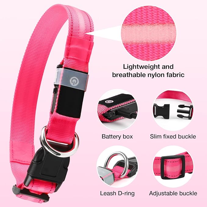 Fiveda Light Up Dog Collar, USB Rechargeable 6 Modes, Waterproof Charging Port, Long Lasting LED Collar - Adjustable Nylon Reflective for Dogs, Sizes S/M/L (7/9/11 Lights) -Pink, S
