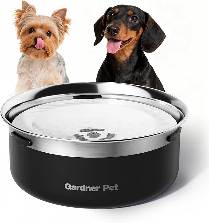 Gardner Pet Slow Water Bowl for Dogs, 2L/68oz Spill-Proof Pet Water Bowl with Floating Disk & Filter Screen, Stainless Steel No-Spill Water Dispenser for Medium Pets