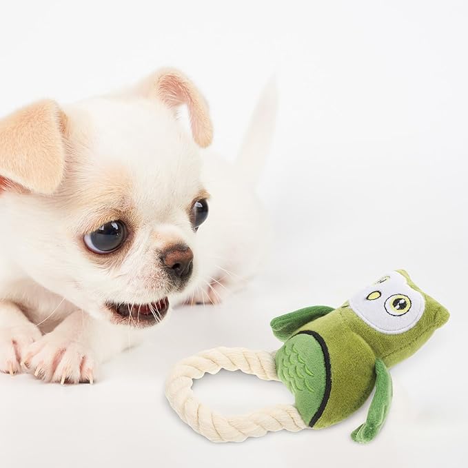 SEWACC Interactive Cotton Rope Owl Dog for Chewing and Playing, Plush Stuffed Pet for Dental Health, Sturdy Green Plush Suitable for Puppies and Dogs