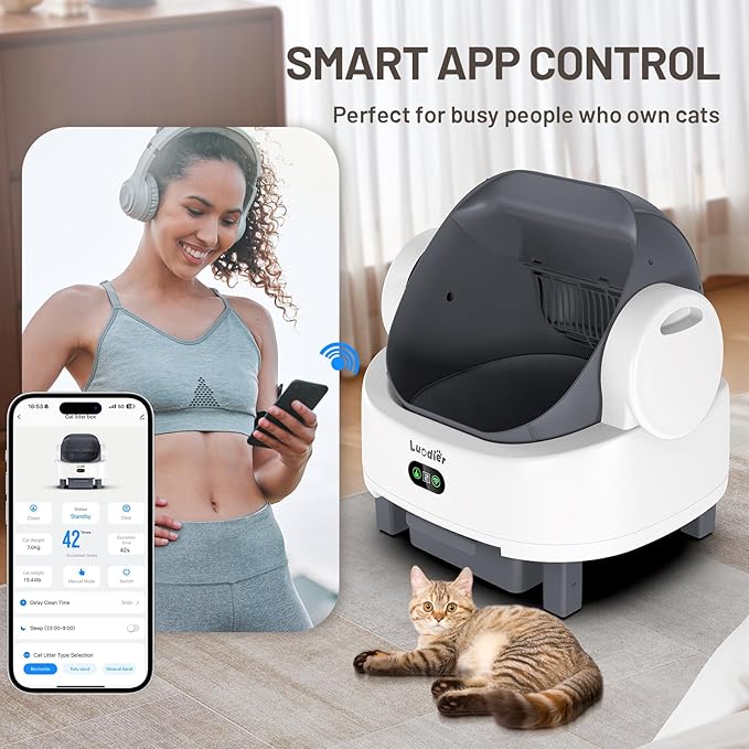 Automatic Cat Litter Box, Electric Large Open-Top Self Cleaning Litter Box for Multiple Cats, Smart APP Control, Multiple Safety Sensors, 1 Rolls Bags & 1 Mat WhiteGrey