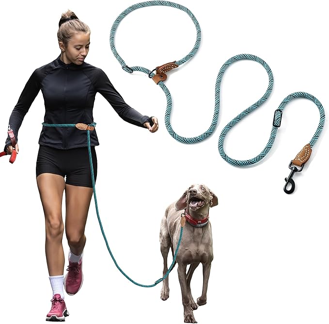 Mile High Life Hands Free Dog Leash, Crossbody Waist Leash with Genuine Leather Connection, Multifunctional Adjustable Slip Lead for Dog Walking Running (Green, 7FT)