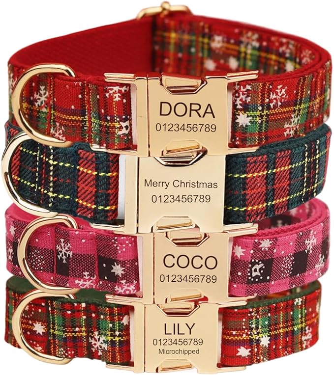 Personalized Dog Collar with Engraved Metal Buckle - Custom Name & Phone Number - Adjustable for Small, Medium, Large Breeds (Christmas Pattern)
