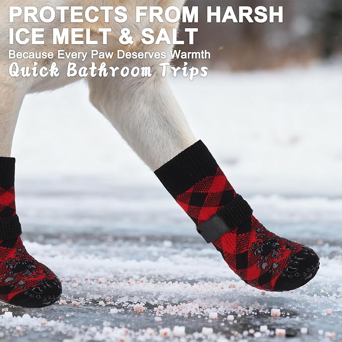 EXPAWLORER Dog Socks for Cold Winter Snow to Prevent Licking Paws, Anti Slip Doggie Booties Grippy Shoes for Hardwood Floors, Boots & Paw Protectors for Small Medium Large Senior Dogs Red Black S