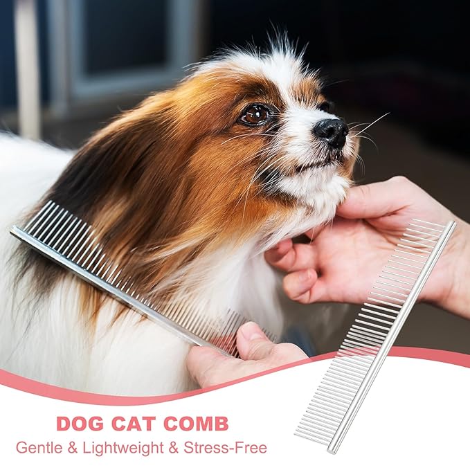 Dog Cat Comb, Pet Combs Stainless Steel Teeth with Rounded Ends for Knots Mats Loose Hair Removal, 6.5IN (Silver, 3 Pack), Grooming Tool Intended for Long Curly Hair Pet