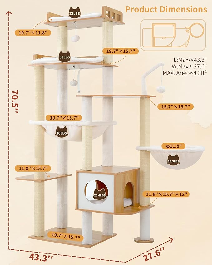 Heybly Cat Tree, 70.5 Inch Wood Tall Cat Tower for Large Indoor Cats with Extra Stable Structure, Modern Cat Furniture with All-Sisal Scratching Posts, Cat Condo & Hammocks, Walnut HCT121WB