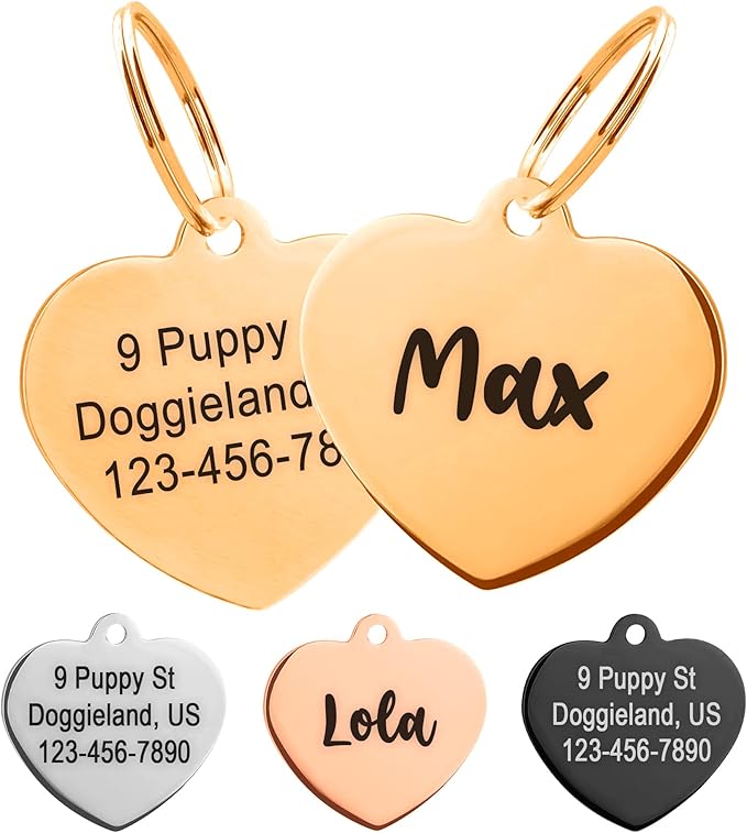 Custom Heart Shape Pet Tag ID, Personalized Stainless Steel Cute Shiny Bling Safety Lost Collar Tag for Boy & Girl Dogs Puppies Cats with Ring Laser Engraved SOS customizable with Name, Phone, Address