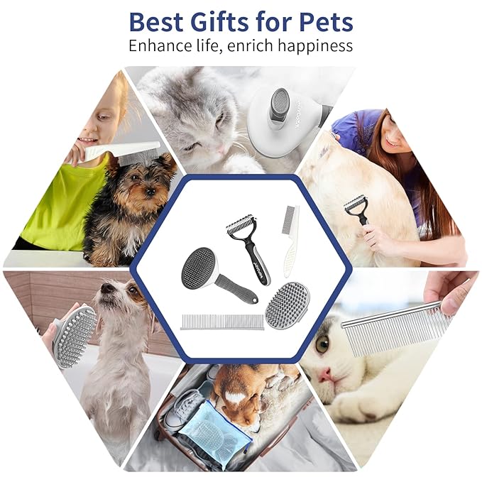 Dog Brush Grooming Kit 5 PCS - Self Cleaning Slicker Brush for Shedding Short Long Haired Dogs & Cats, Includes Pet Comb, Flea Comb, Bath Brush, Undercoat Rake - Complete Fur Care Set - Gray