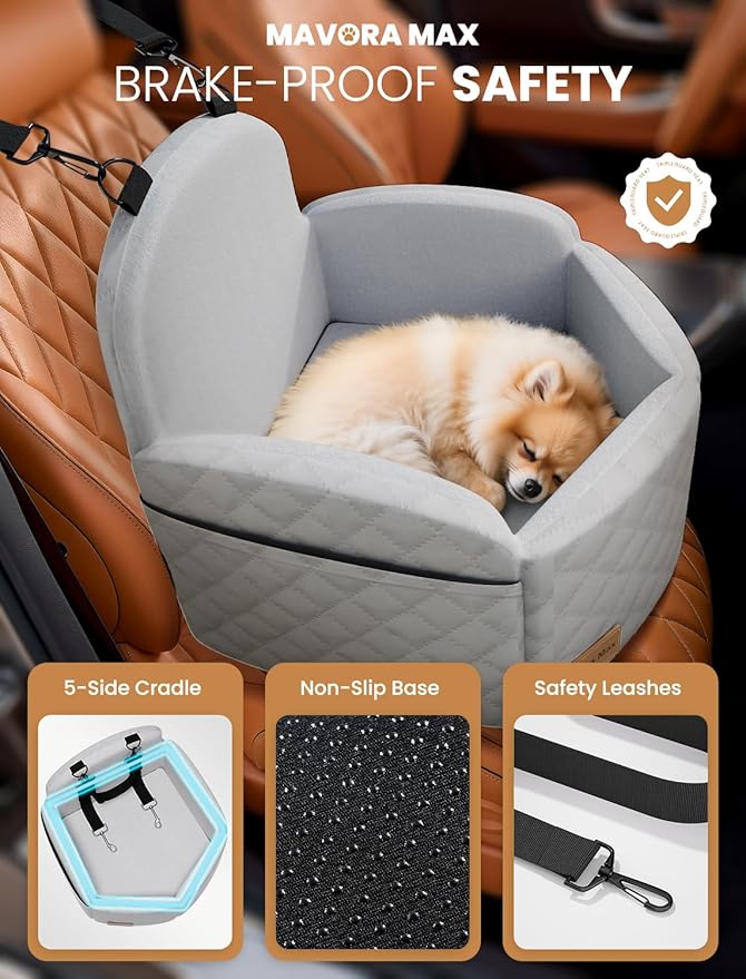 Mavora Max Dog Car Seat for Small/Medium Dogs, Elevated Dog Booster Seat Memory Foam Puppy Car Seat with Washable Cover, Travel Safety Pet Seat for Car with Storage Pockets Up to 35 lbs (Grey)