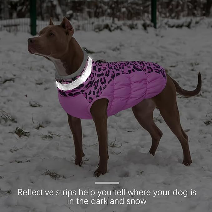 FUAMEY Dog Coat for Large Dogs,Waterproof Dog Winter Jacket with Harness Built in Puppy Cold Weather Coats Reflective Pet Vest with Zipper Warm Fleece Dogs Snowsuit Windproof Pink Leopard XXXL