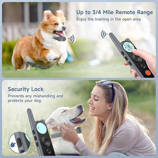 Dog Training Collar with Remote 3/4 Mile,Long Battery Life up to 185 Days,3 Modes 5 Beeps Vibration Shock,Dog Shock Collar with Security Lock,Waterproof,NO Electronic Fence Function