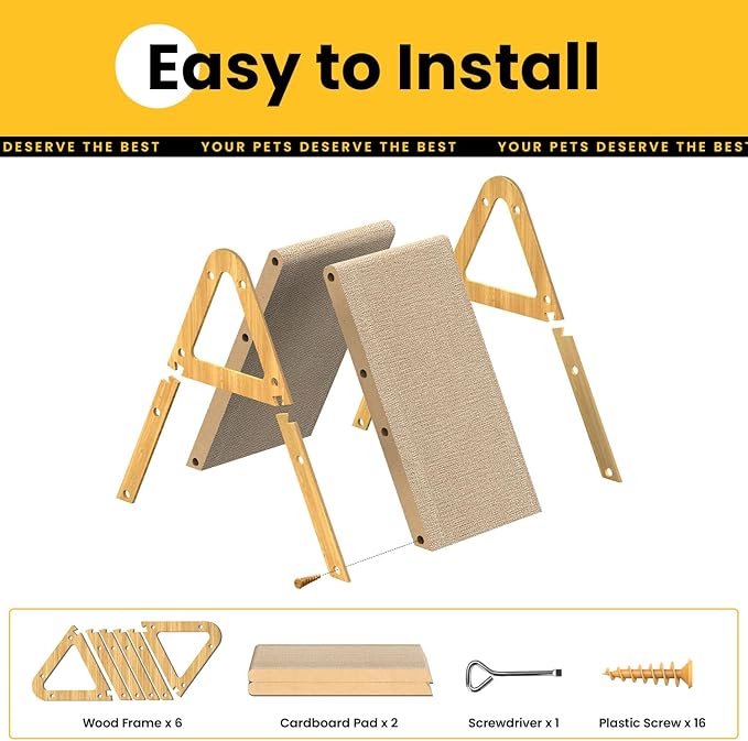 A-Frame Cat Scratching Board, Recycled Cardboard & Wood Frame, Dual-Sided Vertical Horizontal Cat Scratcher for Indoor Kittens, Space-Saving Furniture Protector for Sofa Walls-Light Wood, Small