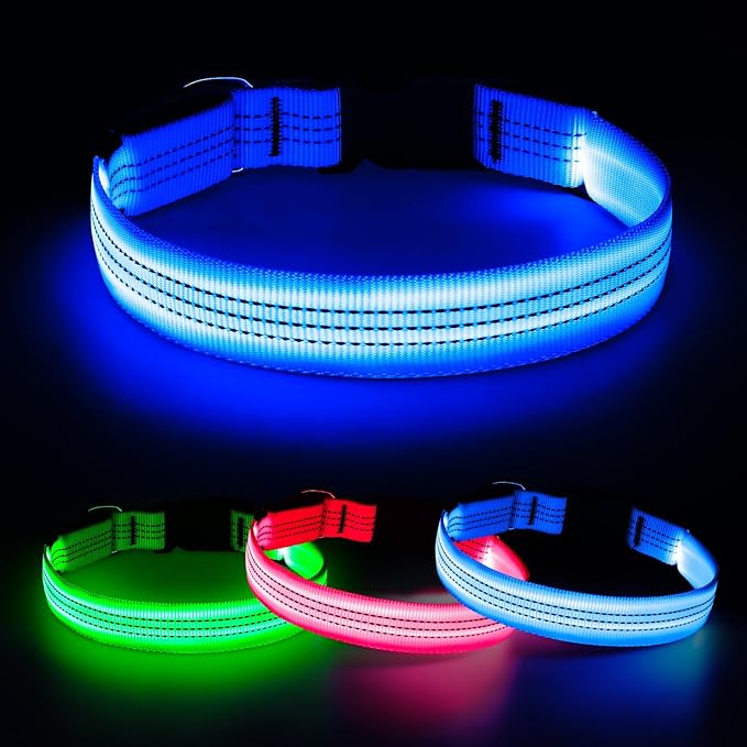 DOMIGLOW Light Up Dog Collar, USB Rechargeable LED Dog Collars Glow in The Dark, 3 Flash Mode Safety Collar Light for Nighttime Walking (Blue, L)