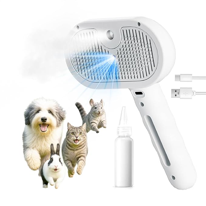 BelleBête & Co. Pet Steam Brush for Dog and Cat, Pet Hair Removal Grooming and Shedding Tool with One-Click Easy Self-Cleaning, USB Charging, No-Rinse Conditioning, Combs for Animals | White