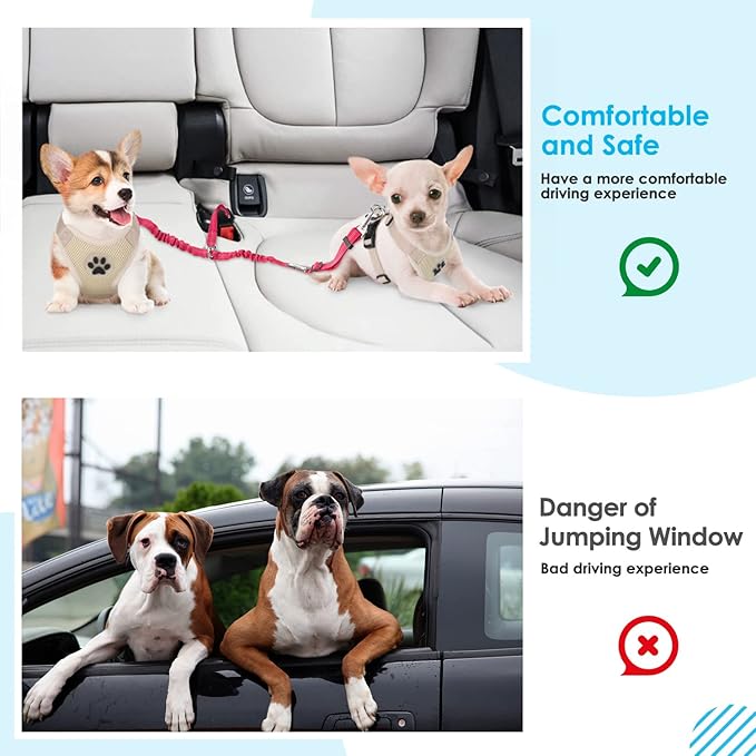 SlowTon Dog Seat Belt, Double Dog Seatbelt Adjustable Vehicle Safety Leash with Elastic Bungee Buffer, Reflective No Tangle Y Shape Two Dog Harness Seat Belt Splitter for Pets Car Trip (F-Pink, S)