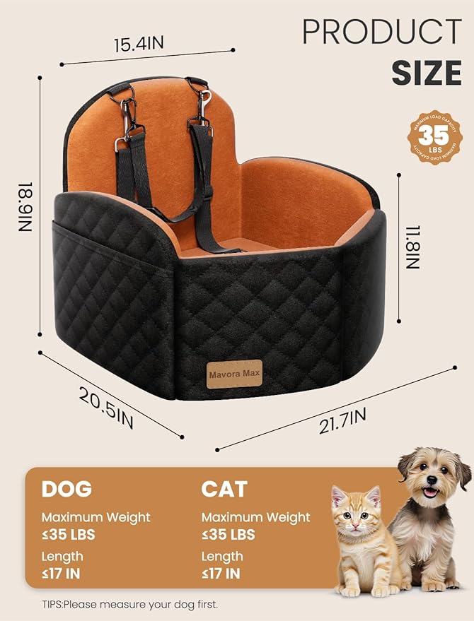 Mavora Max Dog Car Seat for Small/Medium Dogs, Elevated Dog Booster Seat Memory Foam Puppy Car Seat with Washable Cover, Travel Safety Pet Seat for Car with Storage Pockets Up to 35 lbs (Black/Brown)