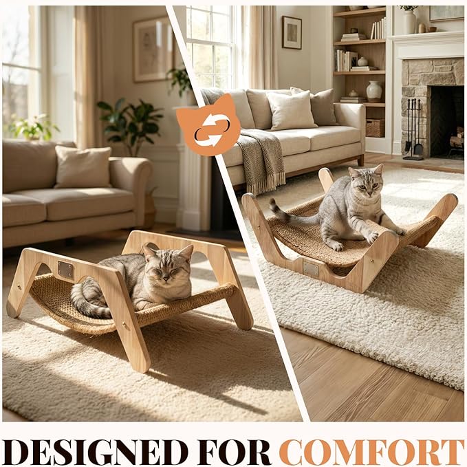 ORDORA 2-in-1 Cat Scratcher Bed, Elevated Wooden Cats Scratch Pad with Plush Mat & Sisal Cat Scratcher for Indoor Cats, Lounger Furniture for Sleeping & Scratching, 23.6"×17.7"