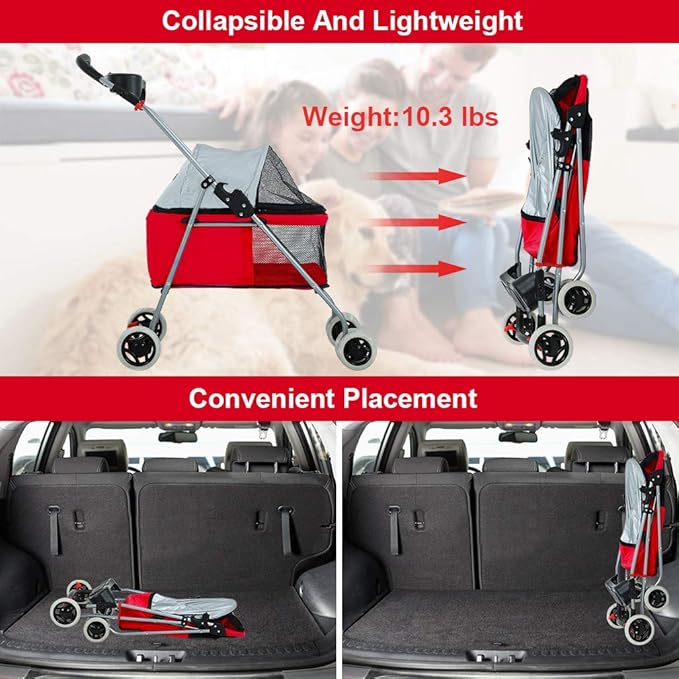 BestPet Pet Stroller 4 Wheels Posh Folding Waterproof Portable Travel Cat Dog Stroller with Cup Holder (Red)
