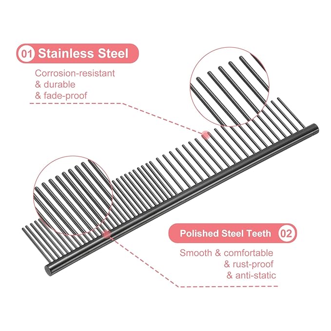 Dog Cat Comb, Pet Combs Stainless Steel Teeth with Rounded Ends for Knots Mats Loose Hair Removal, 6.5IN (Black Plated, 3 Pack), Grooming Tool Intended for Long Curly Hair Pet