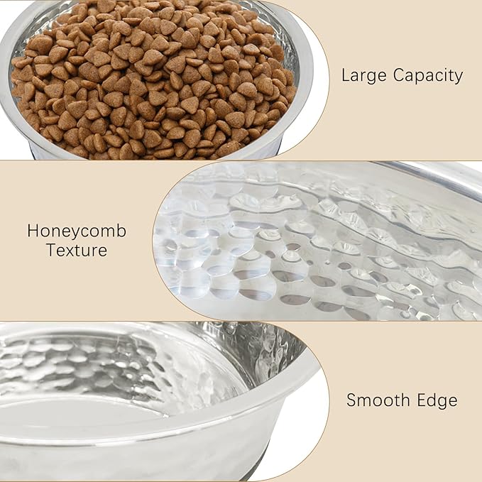 kathson Stainless Steel Cat Bowls 3 PCS Hammered Metal Dog Bowls with Rubber Non-Slip Base Pet Dishes for Water and Food Dishwasher Safe for Feeding Small to Medium Sized Pets(7.1in)