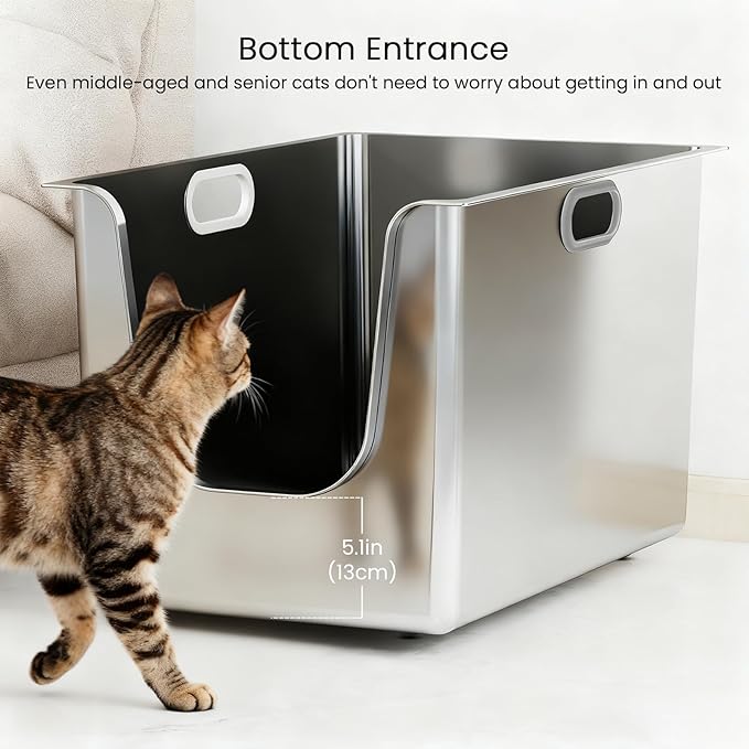 Stainless Steel Litter Box 13.6'' High Sides, XL Metal Cat Litter Box with Curved Low Entry, Cat Litter Pan for Big & Multiple Cats, Pet Toliet with Handy Wheels for Easy Moving
