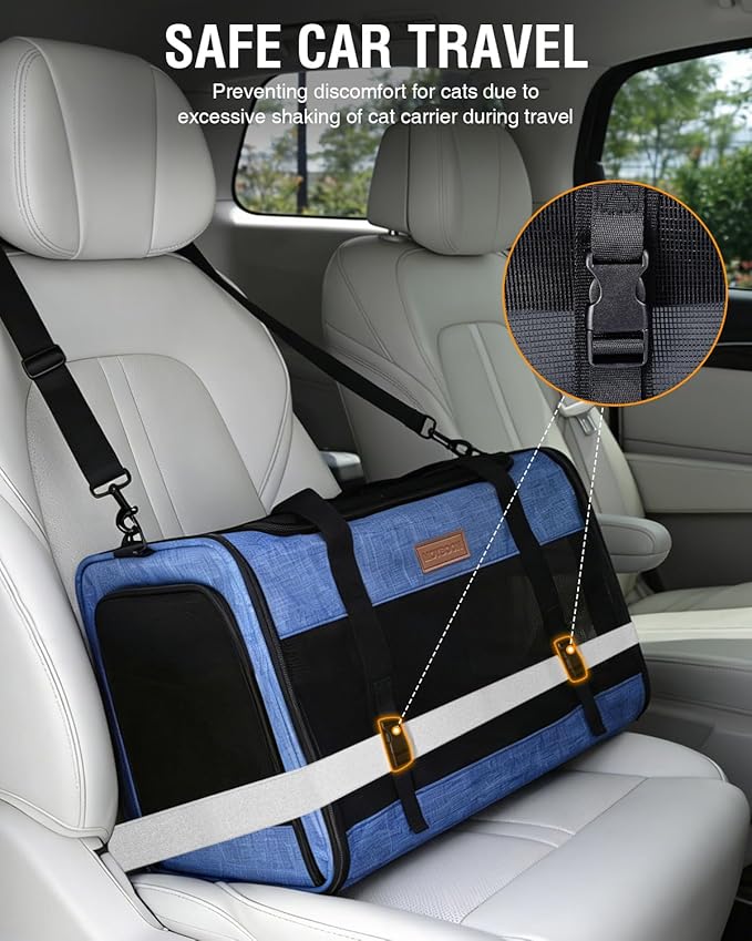 PETUX Large Cat Carrier for Cats ＆ Puppy Up to 20Lb - Top & Side Entry, 4 Side Breathable, Foldable Soft Sided Dog Carrier with Safety Car Seat Buckle & Anti-Scratch Mesh for Car, Travel ＆ Vet - Blue