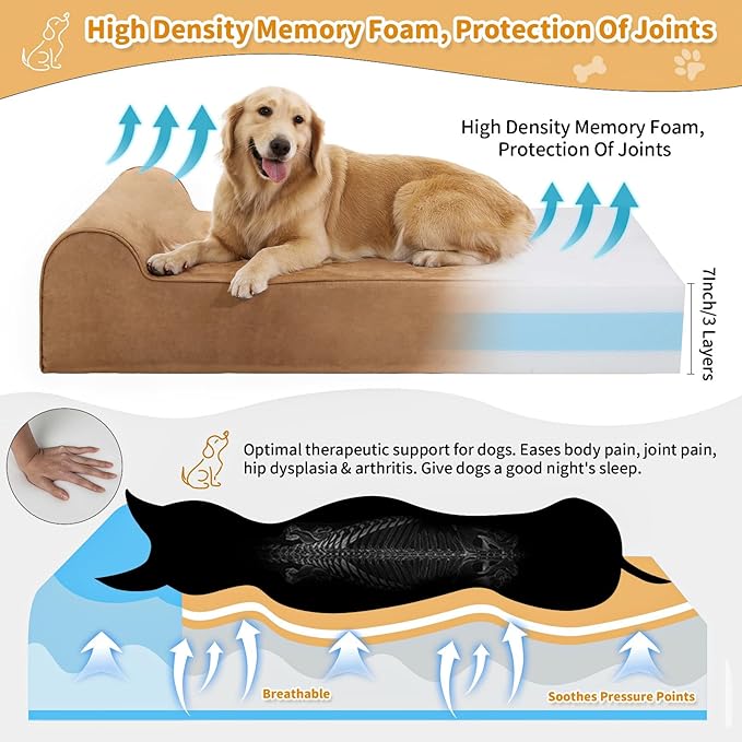Orthopedic Dog Beds for Large Dogs, 7" Memory Foam Dog Beds with Waterproof Liner, Durable Microsuede Cover, Removable and Washable, Nonskid Bottom, 52"x36"x7" XL Khaki