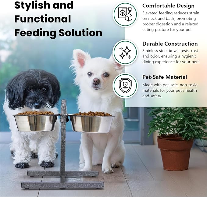 Iconic Pet Adjustable H-Design Double Diner - Non-Skid Rubber Base Noise Free Stable Dog Food Stand with 2 Quart/ 64 oz Stainless Steel Elevated Dog Food Bowls for Proper Growth & Digestion