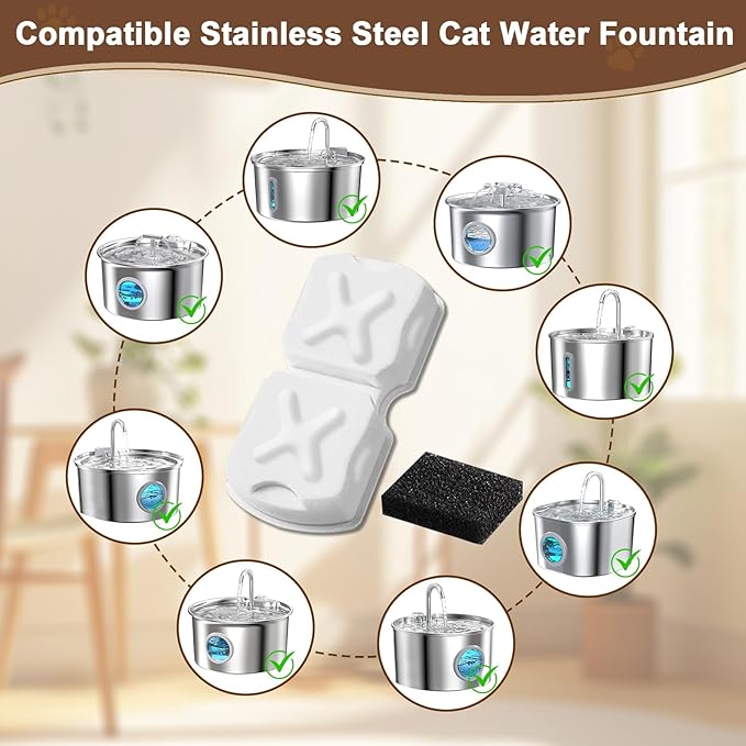 MJYNITE Cat Water Fountain Filter Replacement Kit - 12 Cat Fountain Filters, 12 Sponges & 2 Brushes, Compatible with Stainless Steel Pet Fountains
