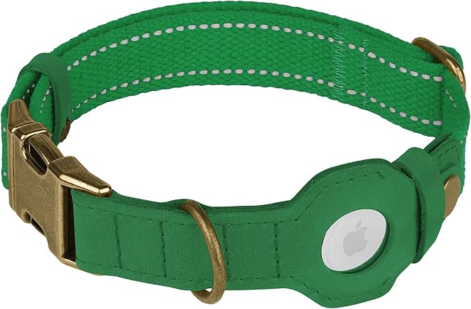 Reflective Leather Dog Collar with AirTag Holder - Soft Apple Airtag Dog Collar with Metal Buckle - Safety Cotton Pet Collars for Dogs Small Large Dogs Puppy (Green, XS, 9"-12")