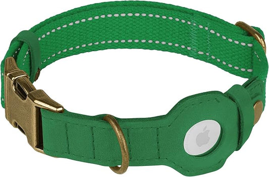 Reflective Leather Dog Collar with AirTag Holder - Soft Apple Airtag Dog Collar with Metal Buckle - Safety Cotton Pet Collars for Dogs Small Large Dogs Puppy (Green, XL, 20"-25")