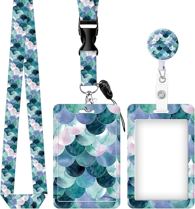 ID Badge Holder with Retractable and Detachable Lanyard, Cute Badge Reel Breakaway Lanyard with Carabiner Clip for Teachers, Nurses, Perfect Work and Office(Green Mermaid Scales)