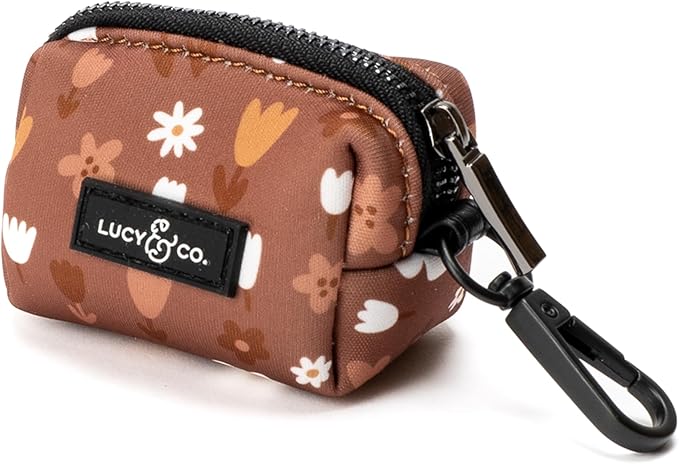 Lucy & Co. Chocolate Meadows Dog Poop Bag Holder - Leak Proof Dispenser - Hygienic Pet Poop Pickup (Brown & White Floral)