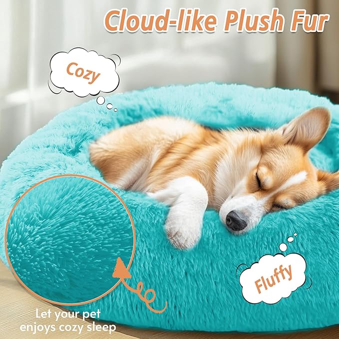 JOLLYVOGUE Calming Small Dog & Cat Bed for Indoor Cats - 20 inches Washable Donut Bed for Kittens & Puppies, Anti-Anxiety Round Fluffy Plush Pet Beds (Fits up to 15 lbs, Aqua Blue)