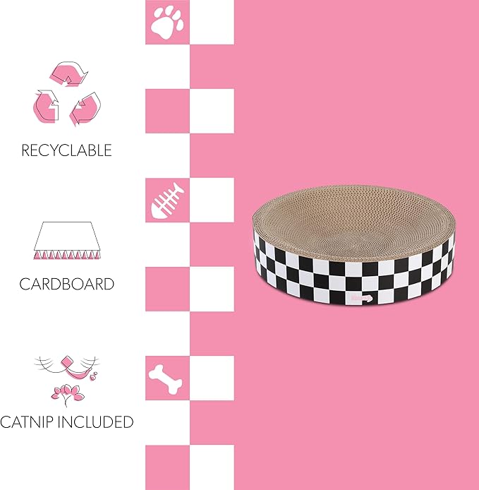 CSR1010F Nelson 20.13" Modern Cardboard Round Bowl Cat Scratcher with Catnip, Checkered