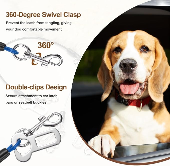 PETAXCELL Chew Proof Dog Leash, 24 in Dog Seat Belt Harness with Double Clips Leash Extender Steel Braided Vehicle Tether, (Blue, 1 Pcs), Intended for Pet Car Safety/Walking/Training
