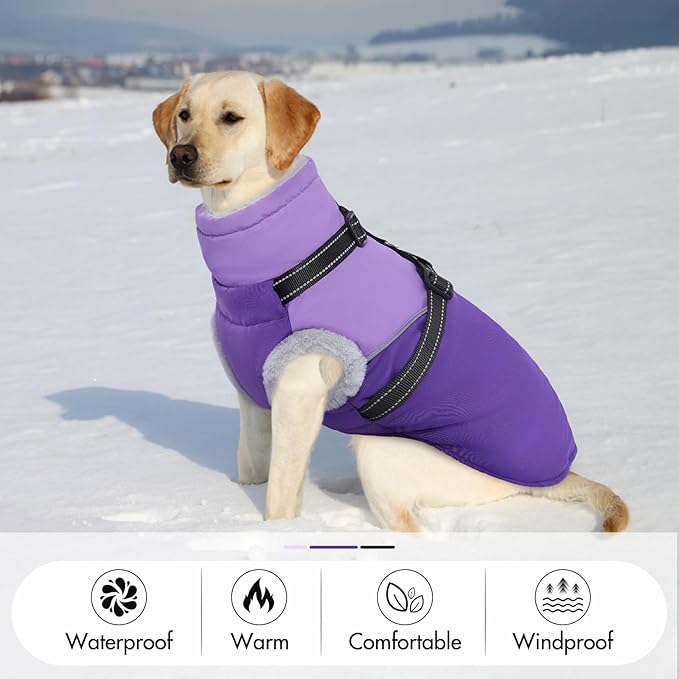 Dog Coat with Harness Built, Dog Winter Jacket with Zipper Closure, Warm Pet Fleece Puffer Coat with Reflective Strips & Furry Collar, Waterproof Snowsuit for Medium Large Dogs - Purple XL