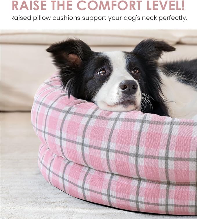 Orthopedic Dog Bed for Small Dogs, Pet Sofa Bed with Egg Crate Foam, 4-Sided Bolster, Removable Washable Cover & Anti-Slip Bottom, Small Pink Plaid