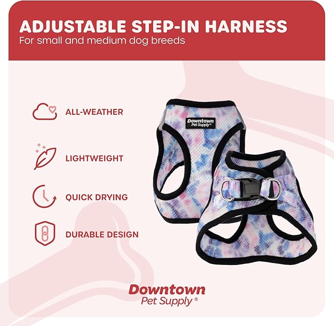 Downtown Pet Supply Step-in Dog Harness – No Pull, Adjustable Padded Mesh with Reflective Trim, Secure Buckle Strap – Comfortable & Breathable Small Dog Harness, Medium, Tye Die