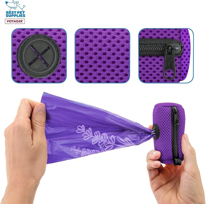 Best Pet Supplies Dog Poop Bag Holder Leash Attachment with 15 Bags, Purple, Reusable Mesh Dispenser Pouch for Travel, Walking, Park, and Outdoor Use, Soft and Durable with Clip-On