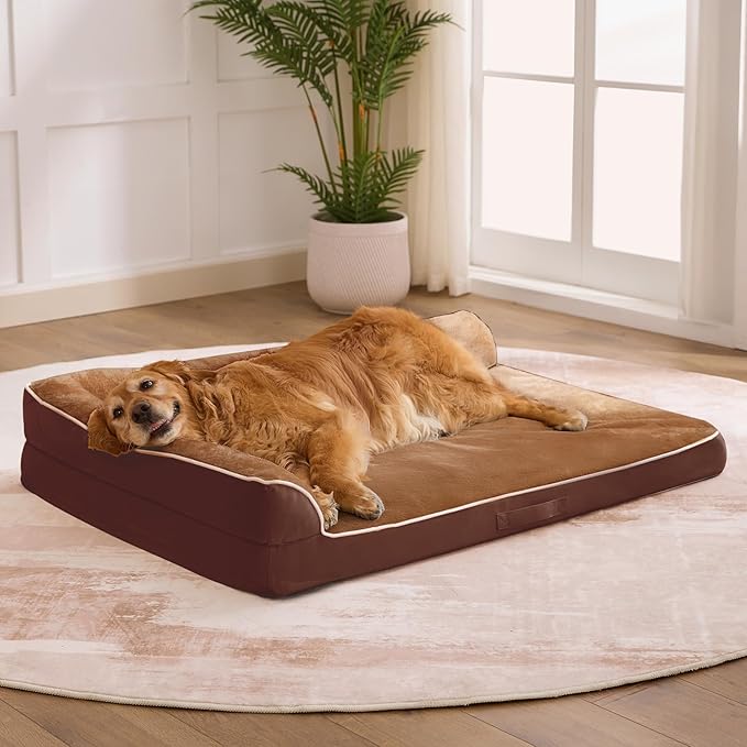 Dog Bed Large Sized Dogs, XL Orthopedic Dog Bed for Large Dogs, Waterproof Pet Bed with Washable Removable Cover, L-Shaped Pet Couch with Portable Handle 42"x30"x7.5", Brown