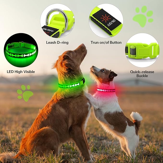 Flashseen Light Up Dog Collars, Adjustable LED Dog Collar Rechargeable, Glow in The Dark Dog Collars Super Bright Glow Collars for Night Walking for Dogs (Green, Large)