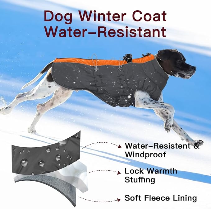 Medium Dog Winter Jacket, Warm Zip Up Snowsuit Dog Harness Vest, Reflective Water-Resistant Coat for Snow, Orange-Gray