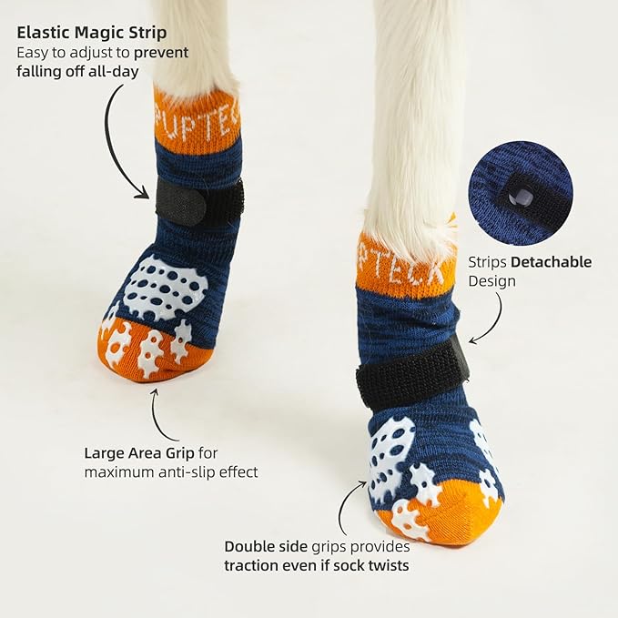 PUPTECK Anti-Slip Dog Socks with Double Sides Grips for Small Medium Large Dogs Hardwood Floors Prevents Licking, Dog Shoes for Hot Pavement Traction Control for Senior Dogs, Dark Blue, XS