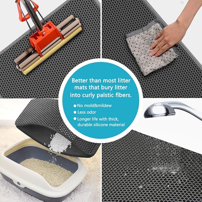 Large Cat Litter Box Mat: Easy Clean Kitty Litter Trapping Mat for Floor, Honeycomb Design Cat Box Pad (24 * 30in, grey, 2p)