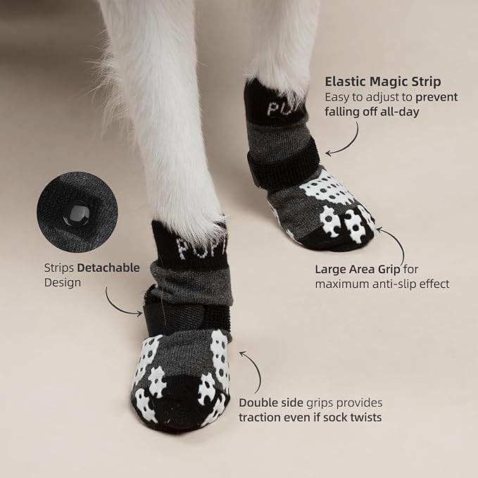 PUPTECK Anti-Slip Dog Socks with Double Sides Grips for Small Medium Large Dogs Hardwood Floors Prevents Licking, Dog Shoes for Hot Pavement Traction Control Paw Protector for Senior Dogs, Grey XXL