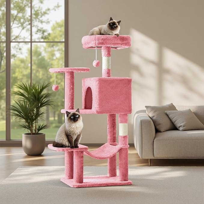 Sweetcrispy 44 inch Cat Tree Tower, Small Cat Climbing Tower with Condo, Natural Sisal Scratching Posts, Extended Platform, Hammock, Pet House for Indoor Cats and Kittens Play, Pink