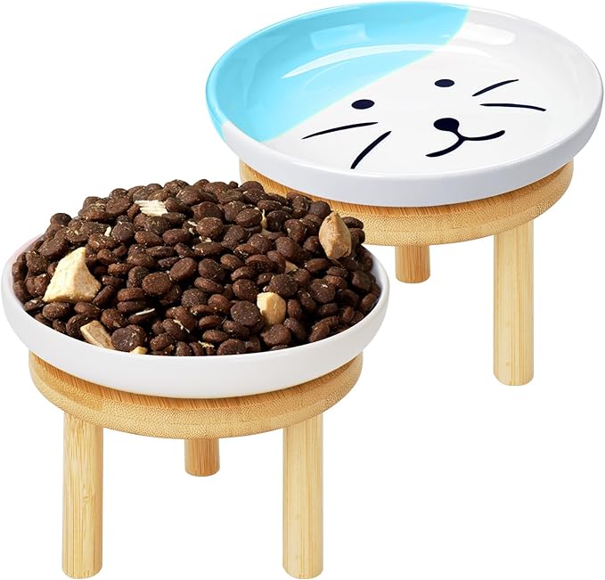 Shallow Elevated Cat Bowls with Bamboo Stand, 5.9 Inch Wide Ceramic Cat Dish Whisker Friendly, 2 Pack Pet Food and Water Plates