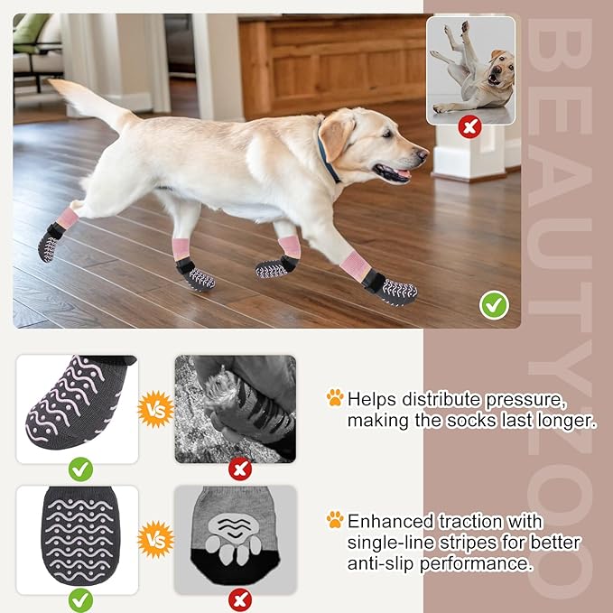 BEAUTYZOO Dog Socks, Non Slip Dog Socks to Prevent Licking Paws -Dog Boots & Paw Protectors with Grippers on Hardwood Floors, Dog Shoes for Hot/Cold Pavement Small Medium Large Senior Dogs Booties