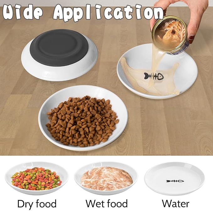 BNOSDM Non Skid Cat Food Bowls Shallow Ceramic Cat Dishes with Rubber Bottom Whisker Fatigue Kitty Bowl 5.9 inch Flat Cats Plates Set of 4 Small Pet Feeding Bowls for Dry & Wet Food